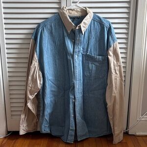 Vintage Two-Tone Denim and Beige Button-Up Shirt